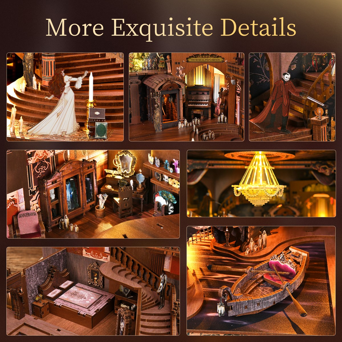 Close-ups of the Phantom of the Opera Max miniature staircase, organ, chandelier, dressing room, bed and underground boat.