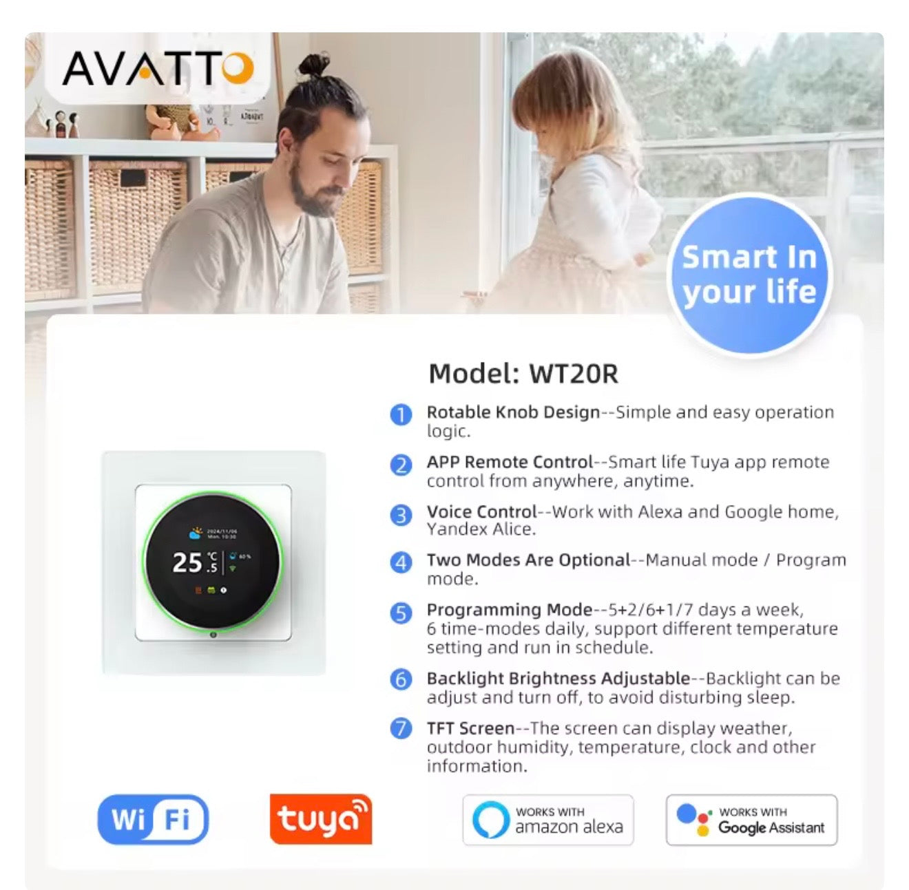 Avatto WT20R WiFi Smart Knob Thermostat – Electric Floor Heating & Water/Gas Boiler