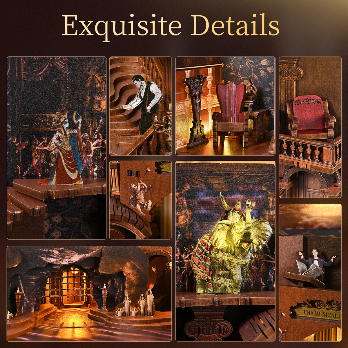 Phantom of the Opera Max scene details including miniature figures, balcony chairs, golden statue and candlelit underground doorway.