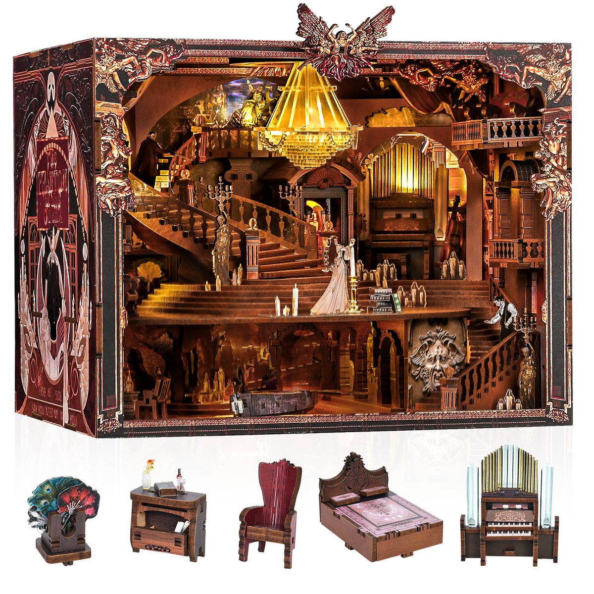 Minicity Phantom of the Opera Max book nook with illuminated chandelier, curved staircase and miniature furniture details.