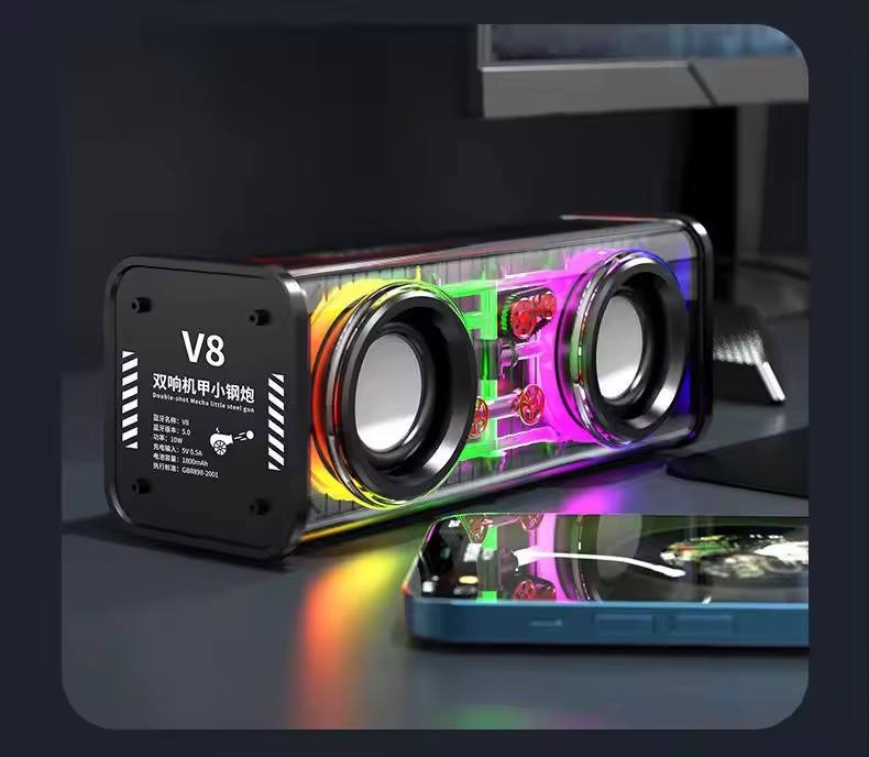 Transparent Mecha Wireless Speaker V8 RGB LED Bluetooth 5.3 IPX4