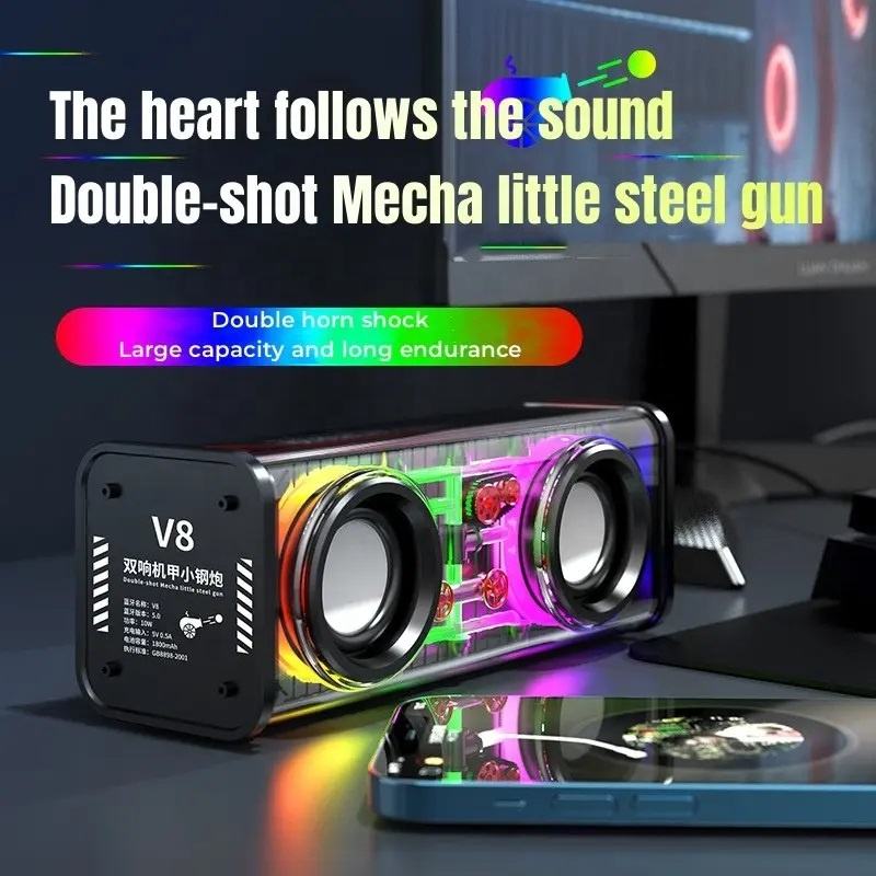 Transparent Mecha Wireless Speaker V8 RGB LED Bluetooth 5.3 IPX4