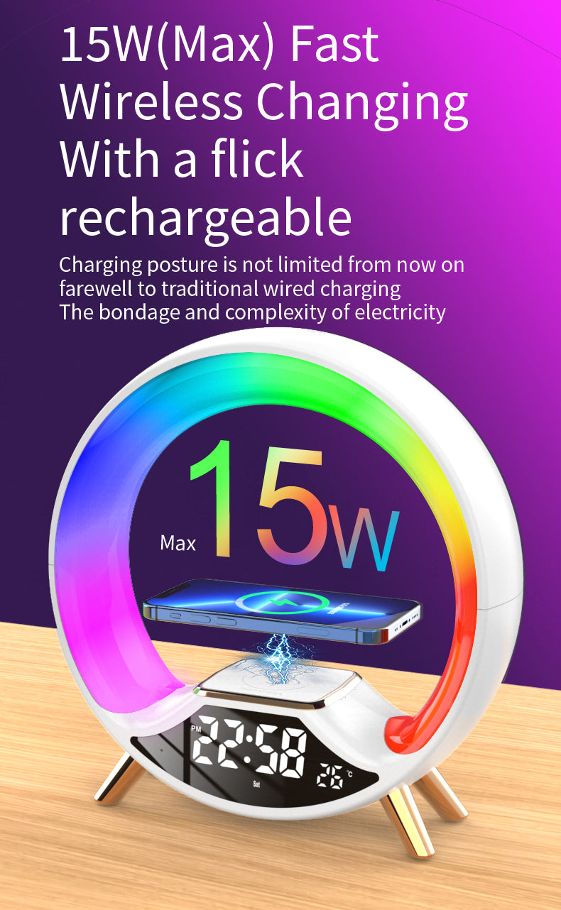RGB Bedside Lamp with Bluetooth Speaker, Wireless Charger & Sunrise Alarm Clock