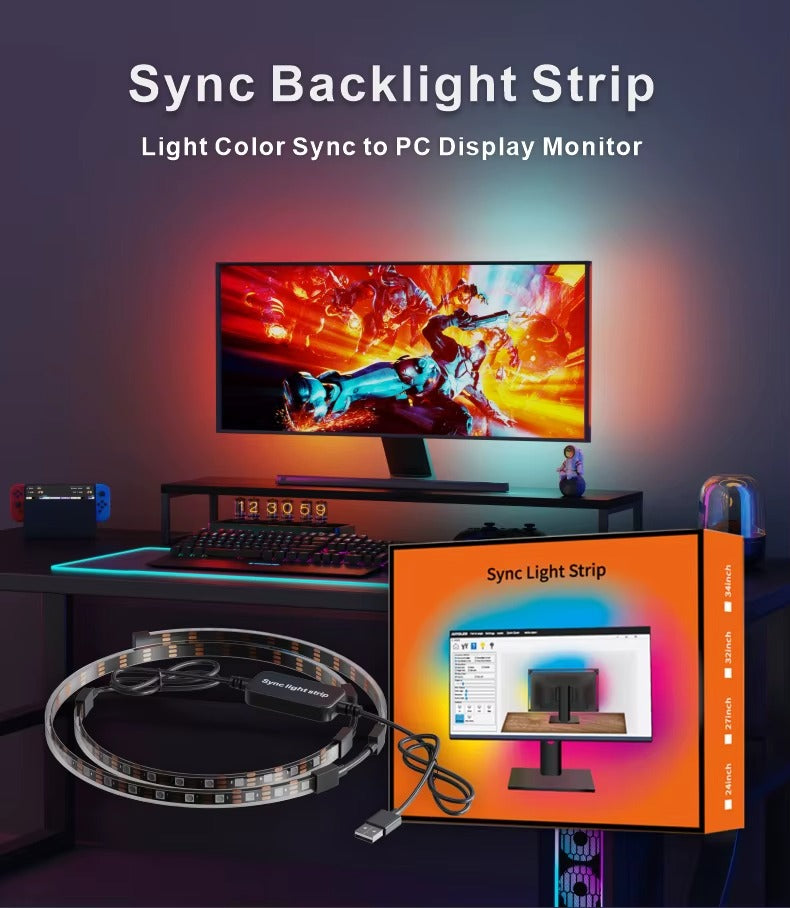 RGBIC LED Monitor Backlight Strip – Screen Sync USB Gaming Atmosphere Light 24" 27" 32" 34"