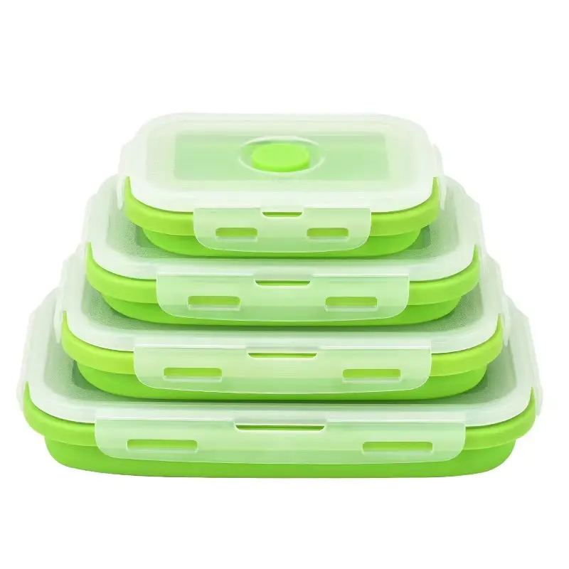 Collapsible Silicone Lunch Box Set of 4 | Microwave Safe Food Containers with Plastic Lids - Jackson’s Cool Stuff
