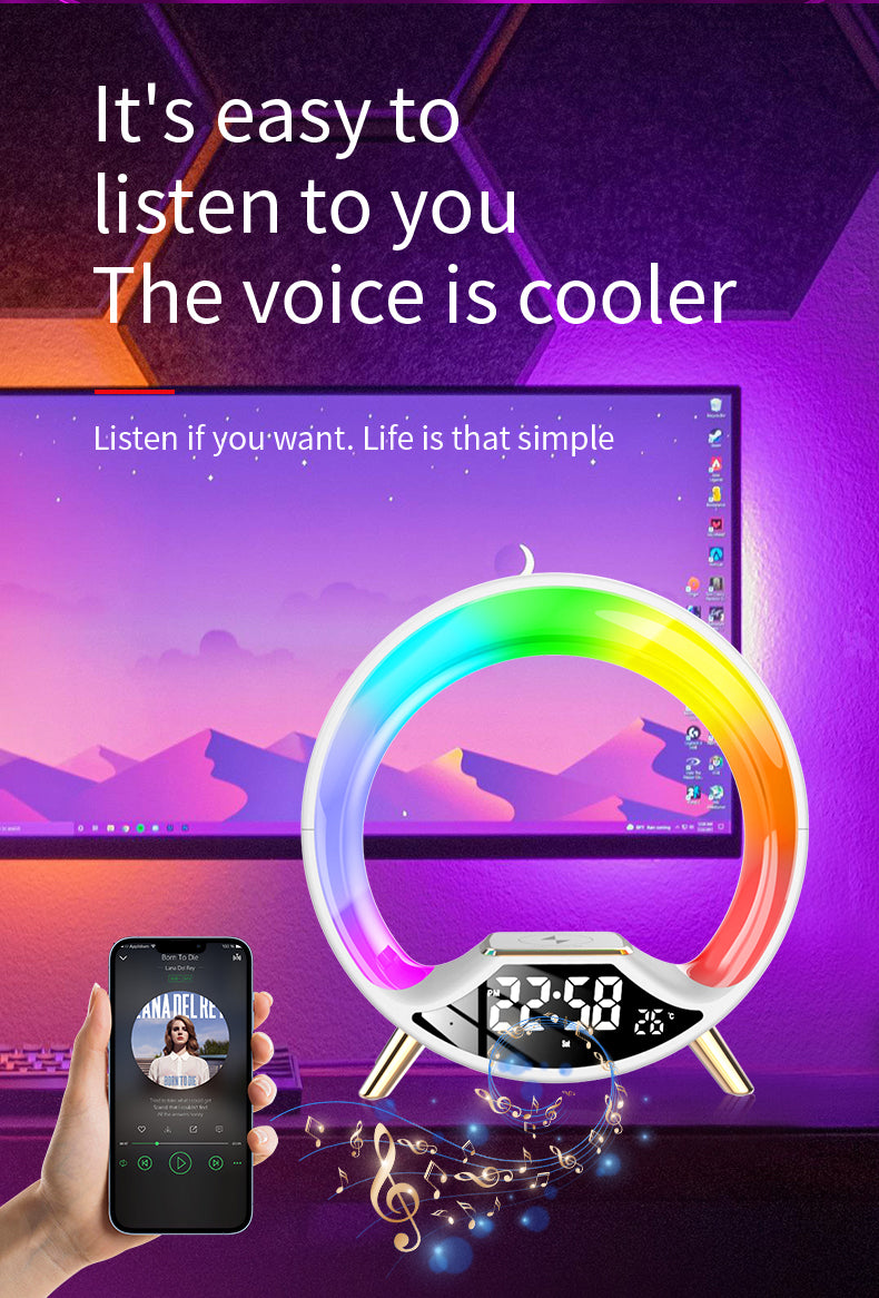 RGB Bedside Lamp with Bluetooth Speaker, Wireless Charger & Sunrise Alarm Clock