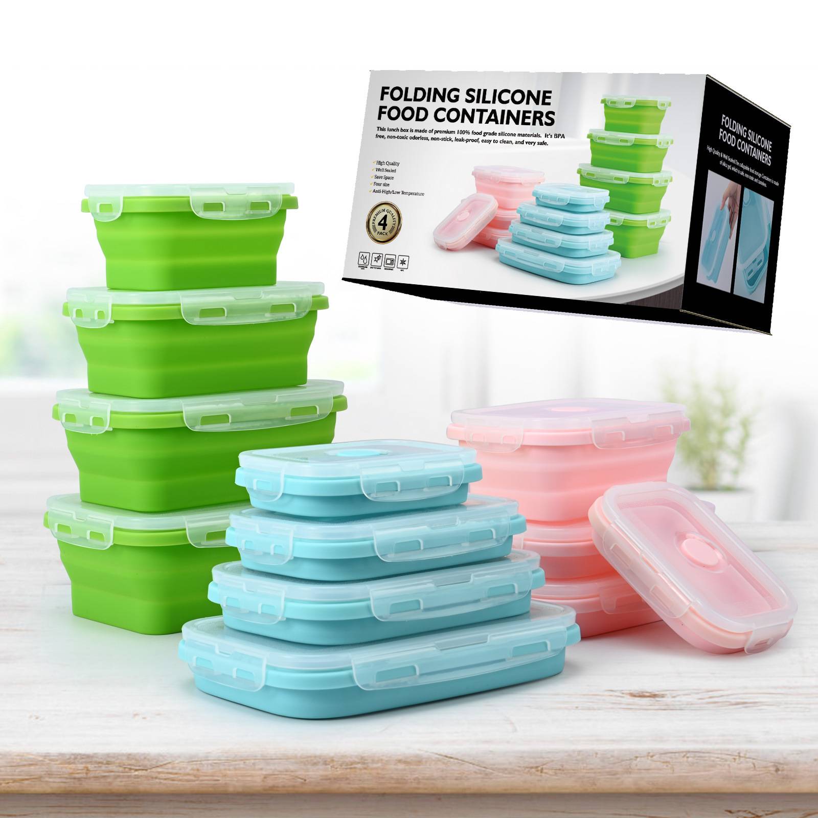 Collapsible Silicone Lunch Box Set of 4 | Microwave Safe Food Containers with Plastic Lids - Jackson’s Cool Stuff