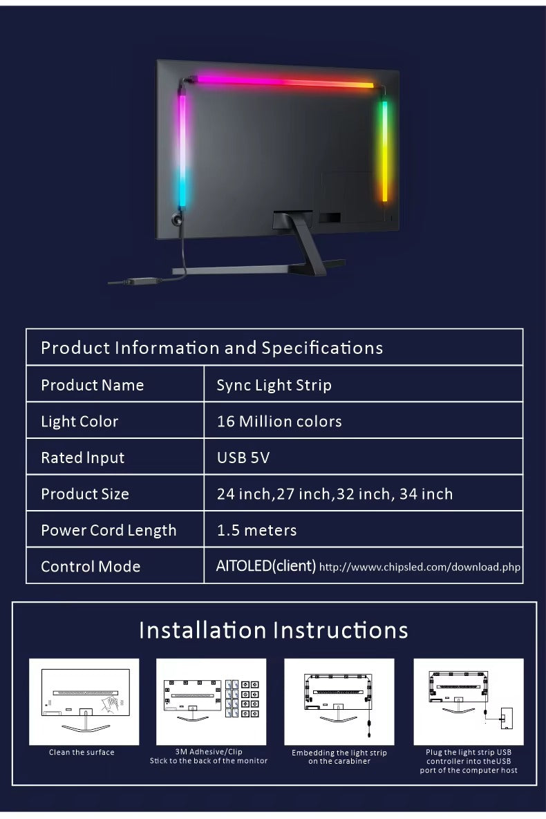RGBIC LED Monitor Backlight Strip – Screen Sync USB Gaming Atmosphere Light 24" 27" 32" 34"