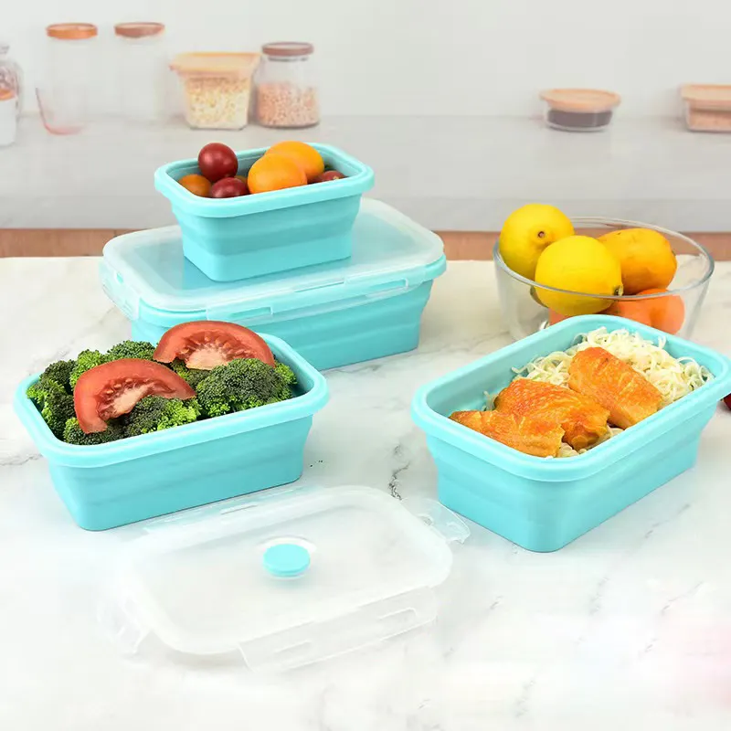 Collapsible Silicone Lunch Box Set of 4 | Microwave Safe Food Containers with Plastic Lids - Jackson’s Cool Stuff
