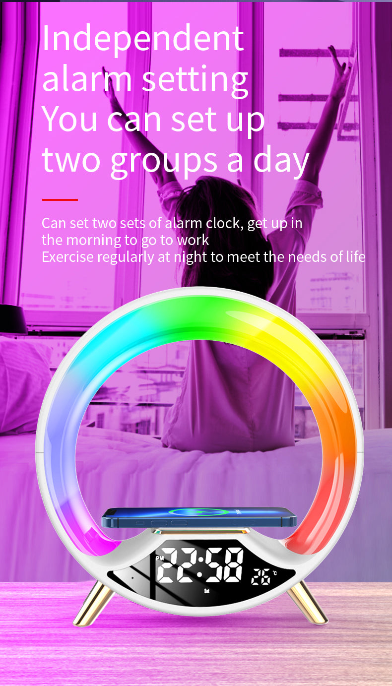 RGB Bedside Lamp with Bluetooth Speaker, Wireless Charger & Sunrise Alarm Clock