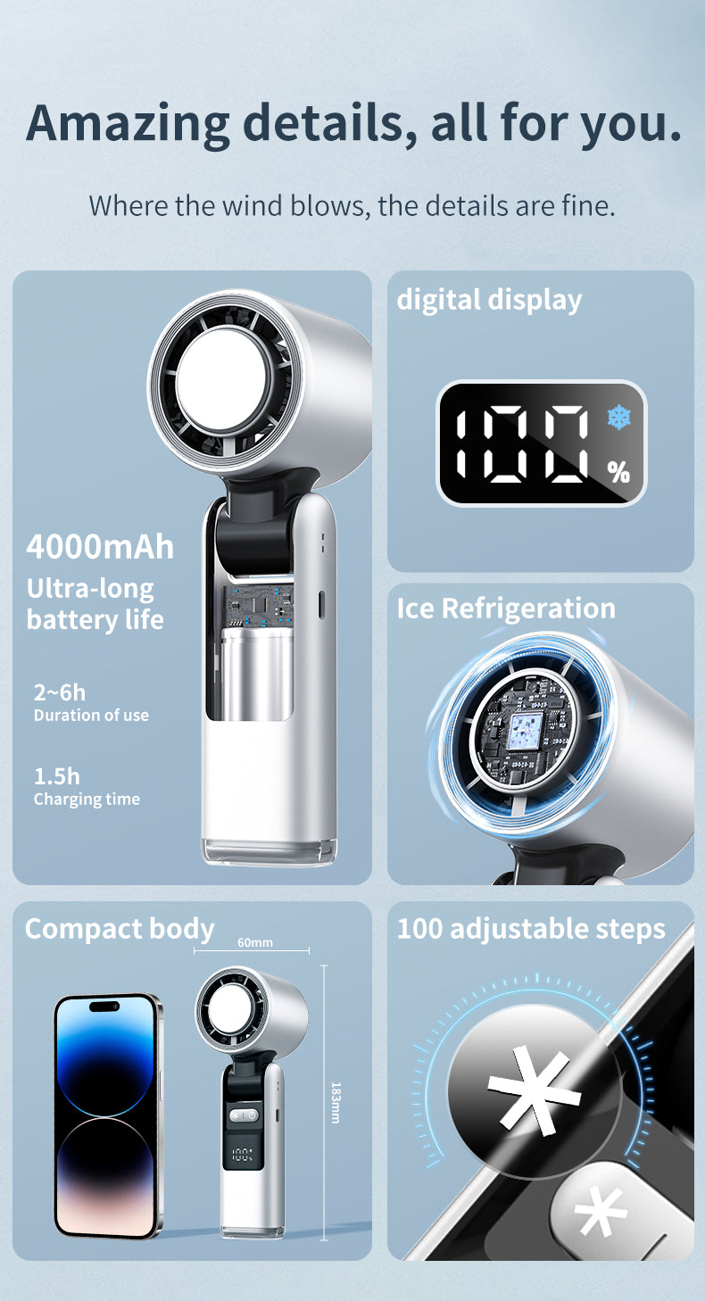 High-Speed Ice Compress Handheld Fan with Digital Display | 100 Speed Foldable Cooling Fan
