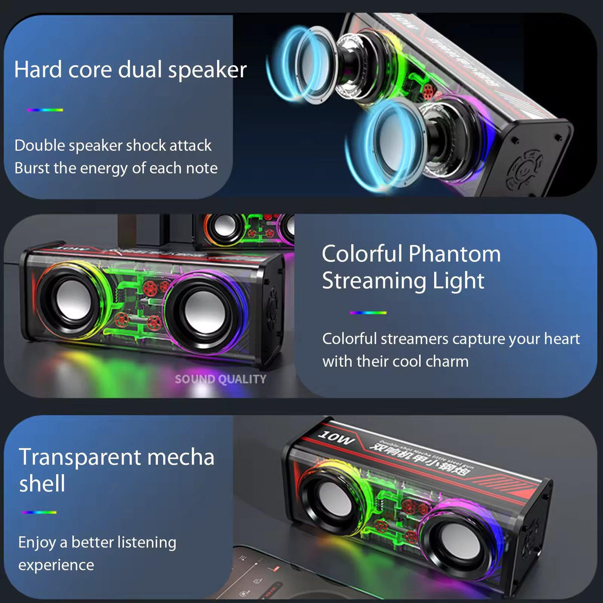 Transparent Mecha Wireless Speaker V8 RGB LED Bluetooth 5.3 IPX4