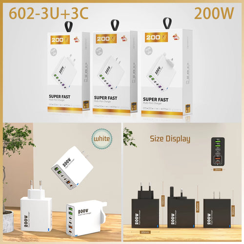 200W GaN Multi-Port Charger 3USB + 3PD | Fast Charging | UK Plug