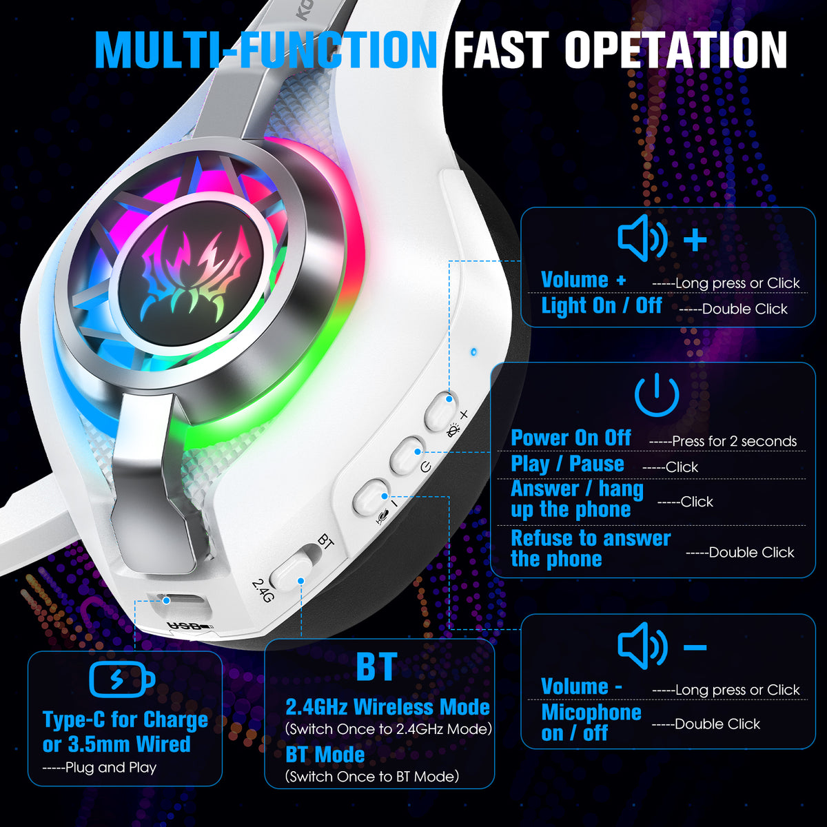 KOTION EACH GS400 Ultra Wireless Gaming Headset, 7.1 Surround Sound, RGB, ANC