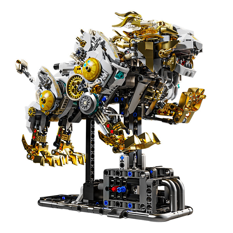 Complex mechanical model made of interlocking pieces on a white background