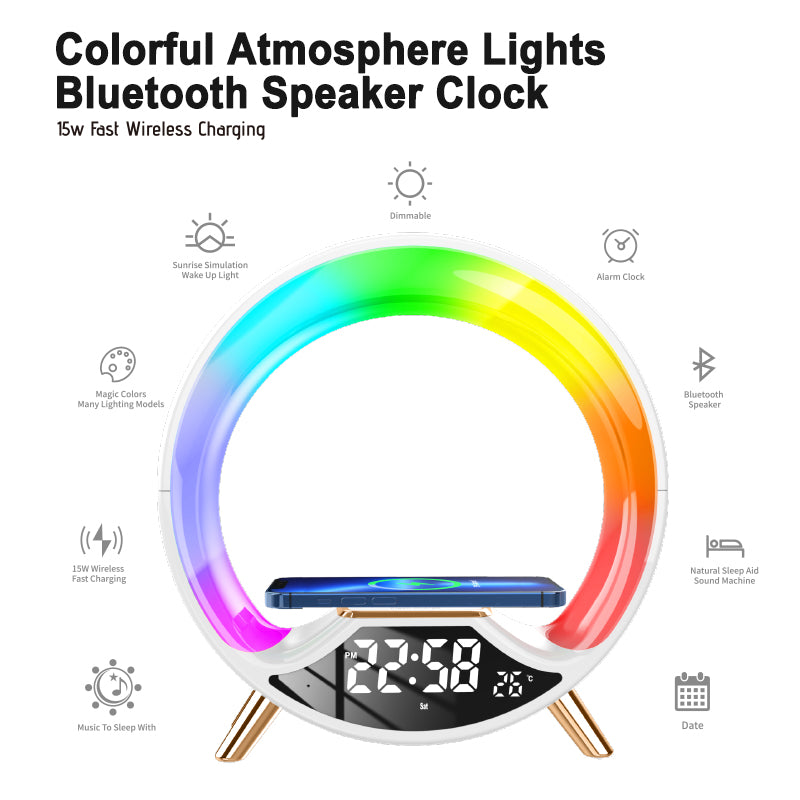 RGB Bedside Lamp with Bluetooth Speaker, Wireless Charger & Sunrise Alarm Clock