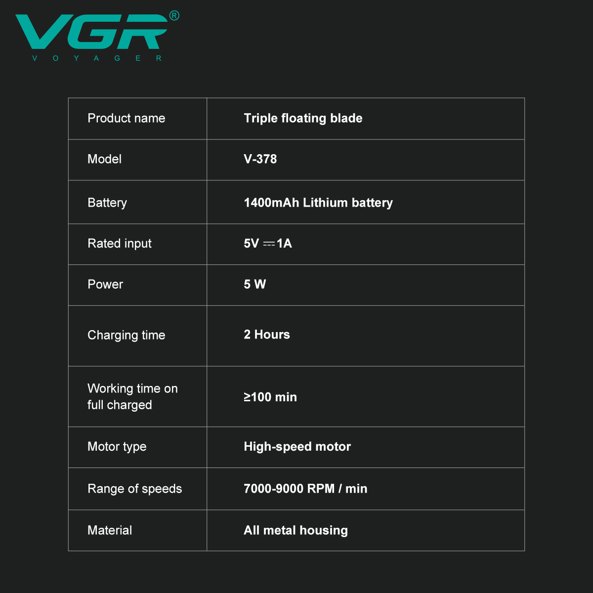 VGR V-378 Professional Electric Foil Shaver for Men – IPX5 Waterproof, USB Rechargeable