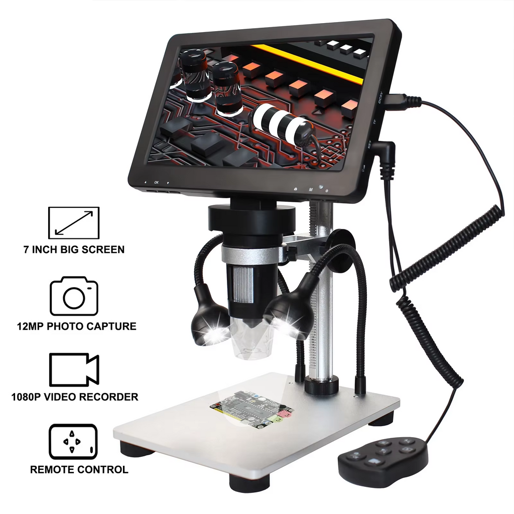 Digital USB Stereo Microscope 1200X with 7" HD Display & LED Light