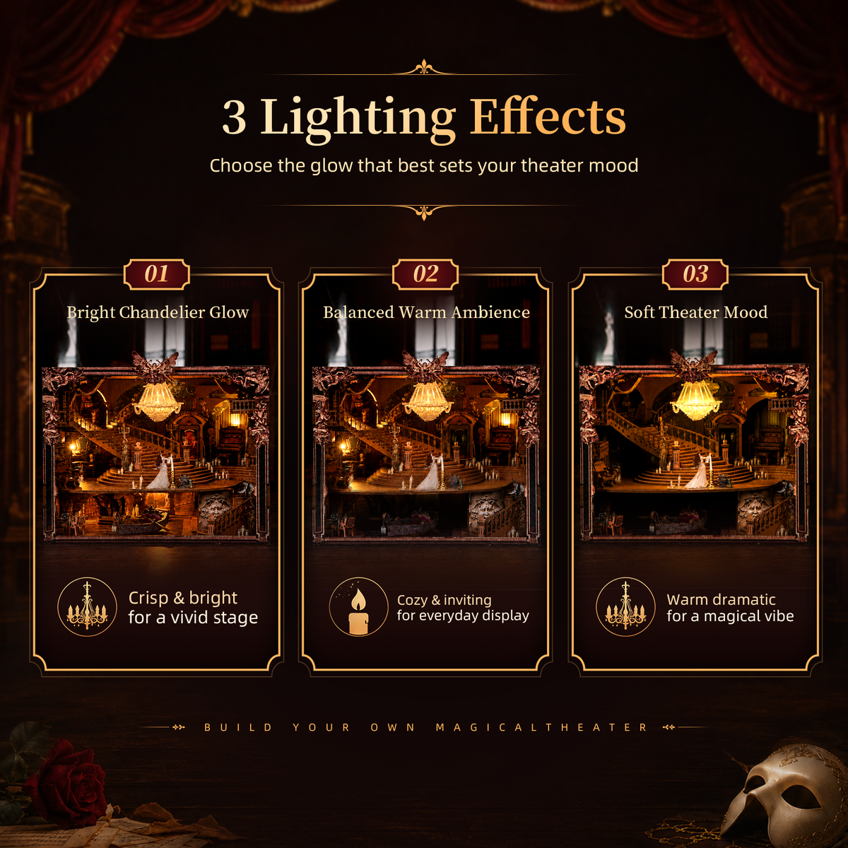 Three lighting effects on the Phantom of the Opera Max book nook: bright chandelier glow, balanced warm ambience and soft theatre mood.
