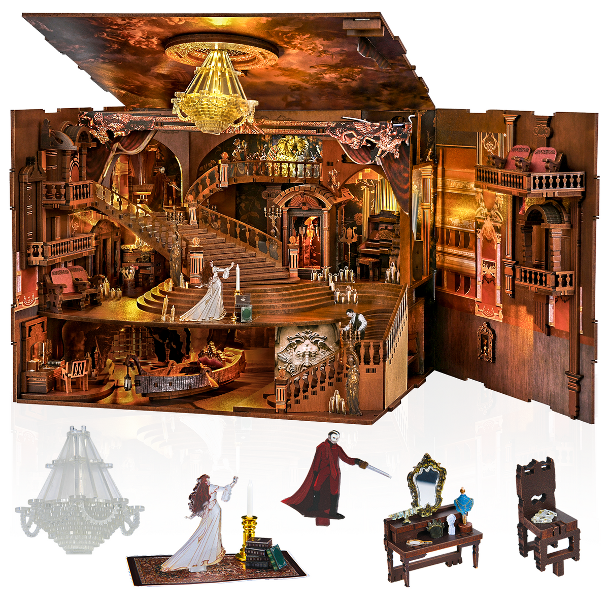 Phantom of the Opera Max miniature with roof and side panels open, showing the chandelier, stairs, boat and separate decorative pieces.