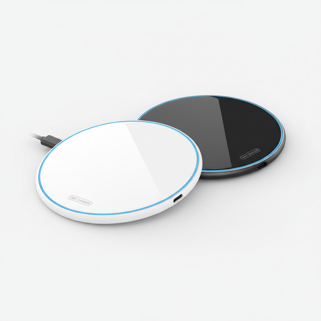 Black and white round OEM MD-K19 15W wireless charger pads with USB-C charging interface