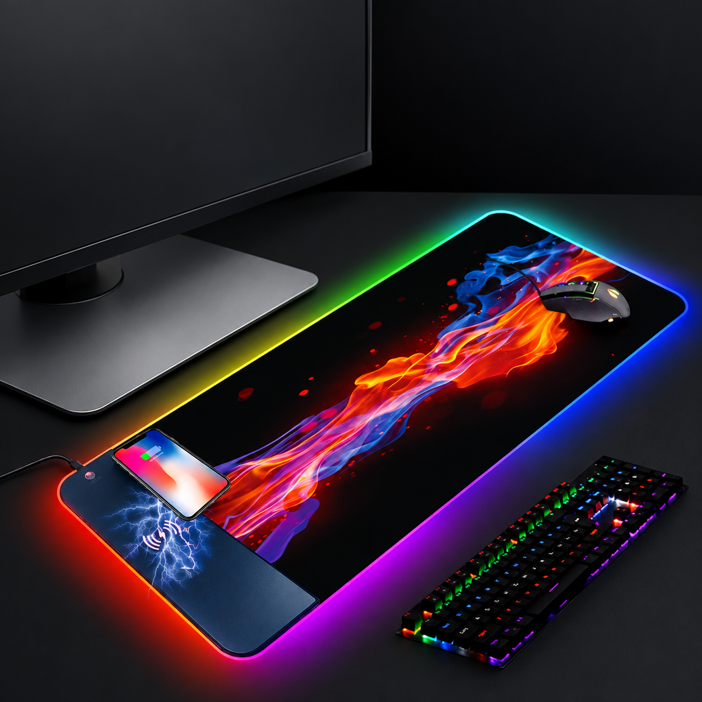 Clean hero shot: flame-pattern RGB mouse pad