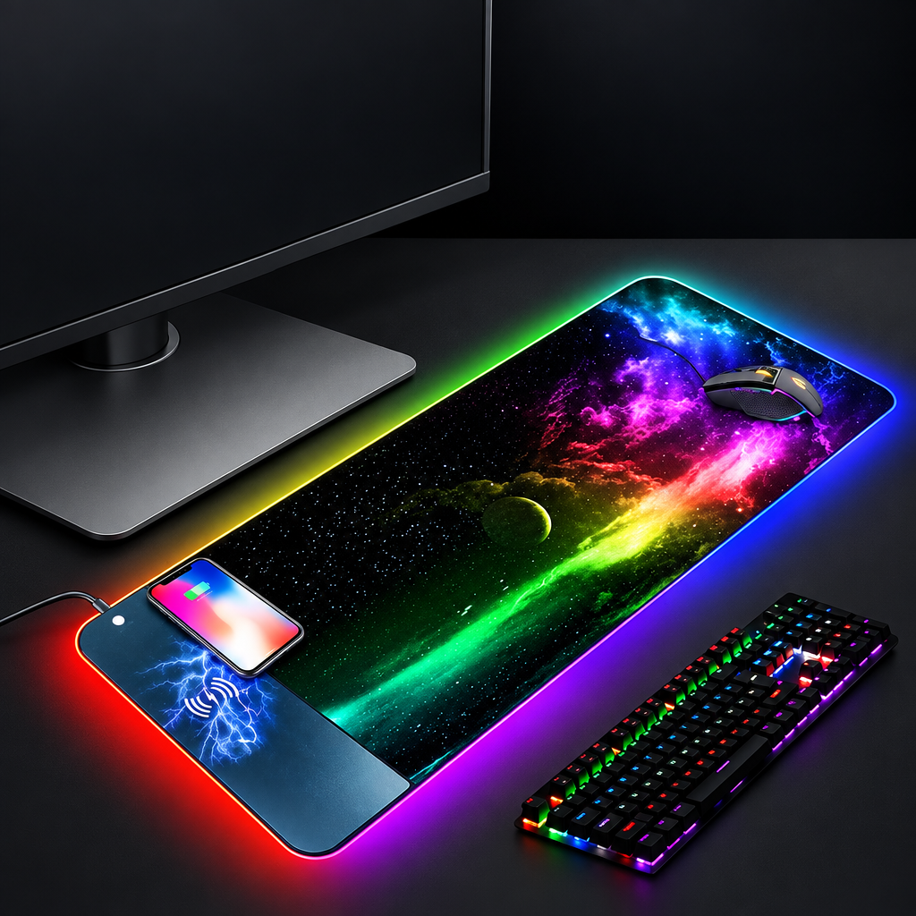 Clean hero shot of RGB wireless charging mouse pad setup