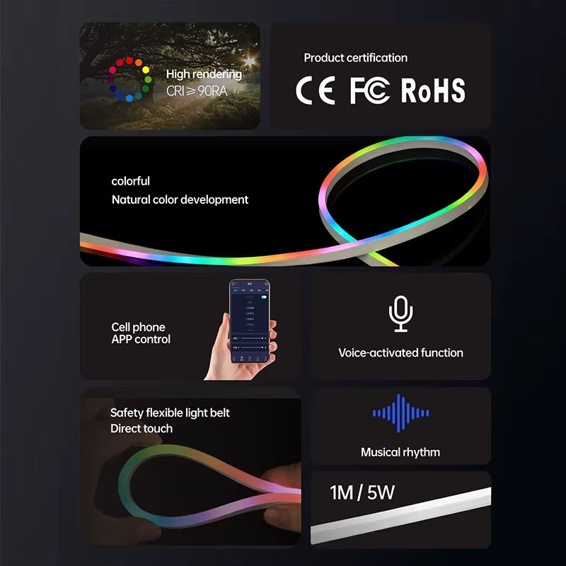RGBIC LED PVC Neon Light Strip Kit – USB 5V, IP65 Waterproof, App Control