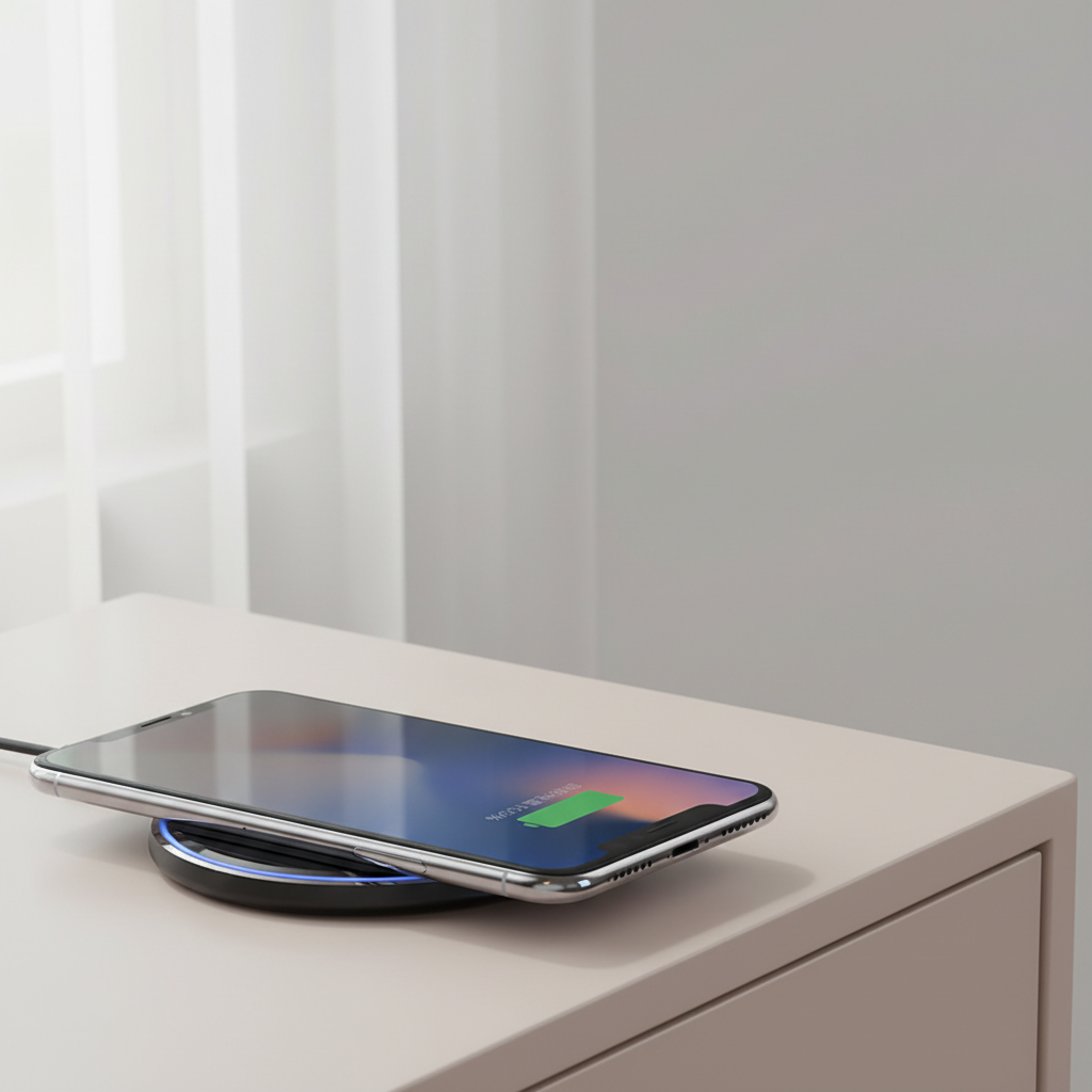 Qi-compatible smartphone resting on a black OEM MD-K19 wireless charging pad