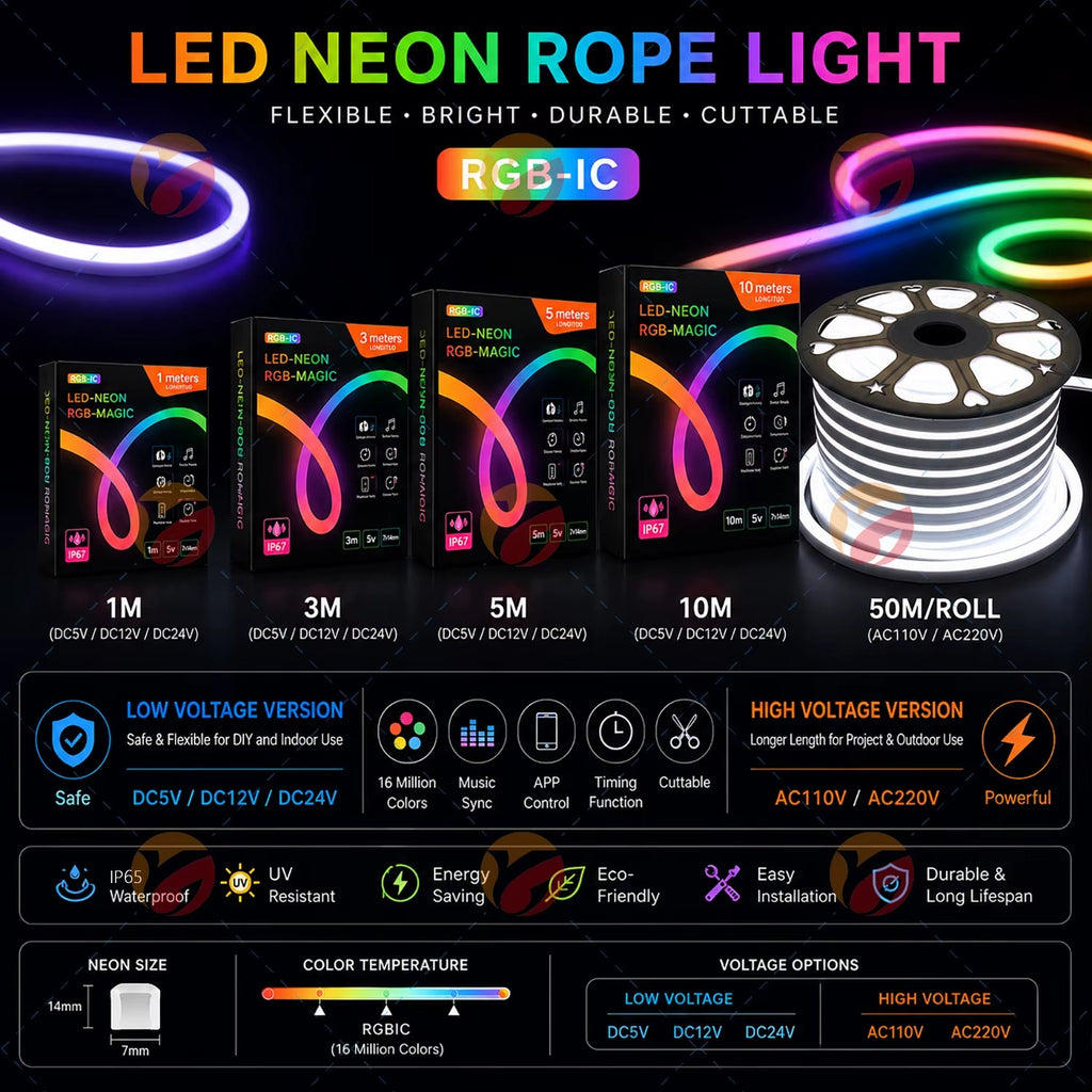RGBIC LED PVC Neon Light Strip Kit – USB 5V, IP65 Waterproof, App Control