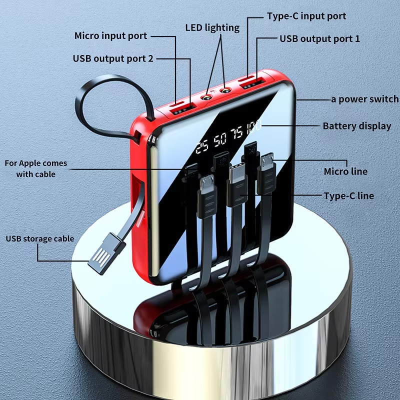 2026 New Mini Power Bank 20000mAh – Type-C & USB Fast Charging integrated cables