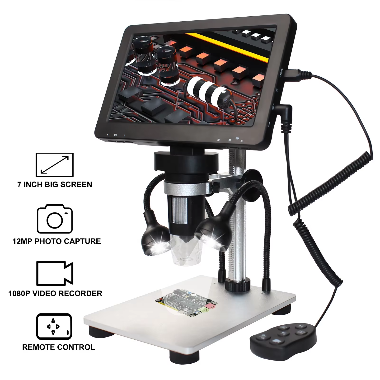Digital USB Stereo Microscope 1200X with 7" HD Display & LED Light