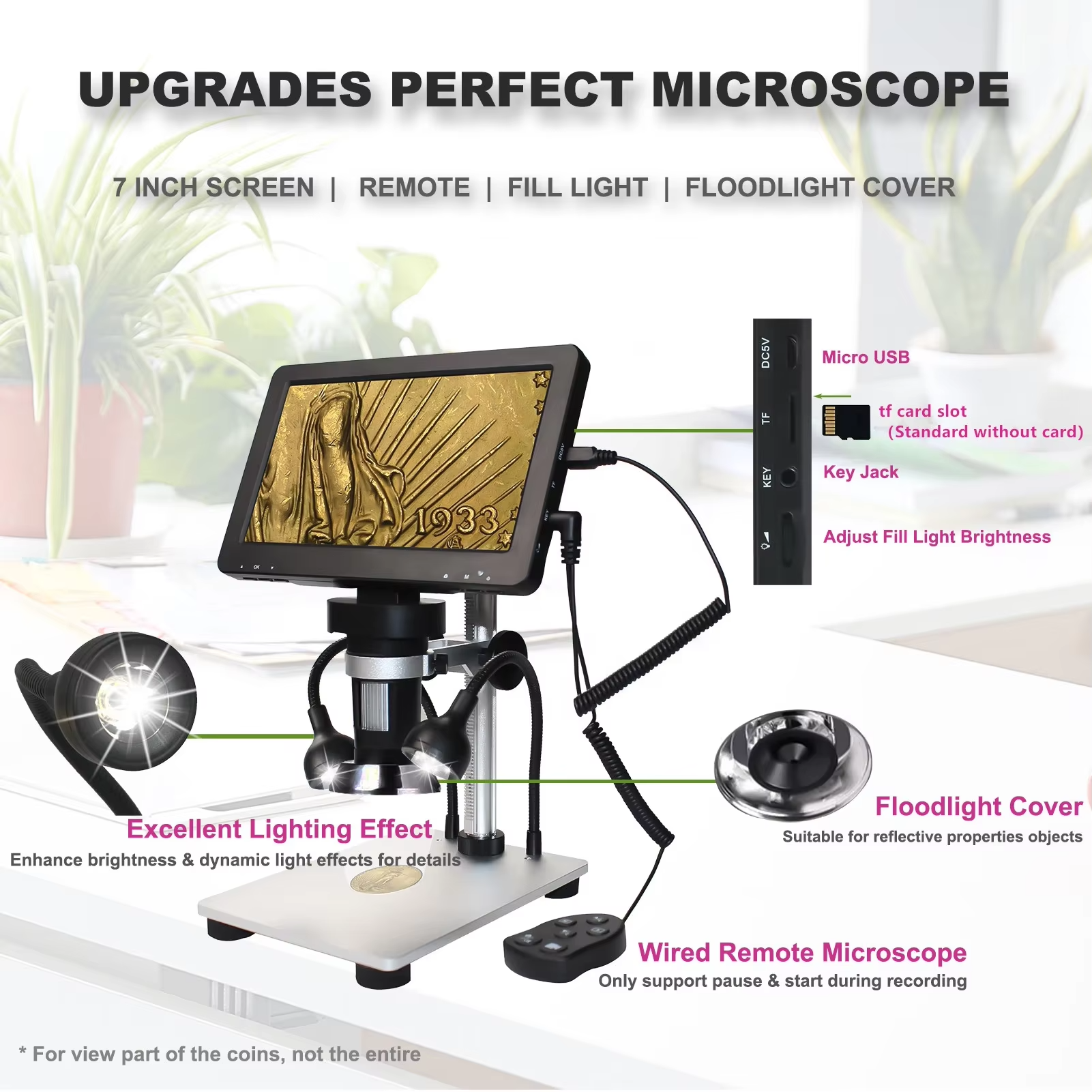 Digital USB Stereo Microscope 1200X with 7" HD Display & LED Light