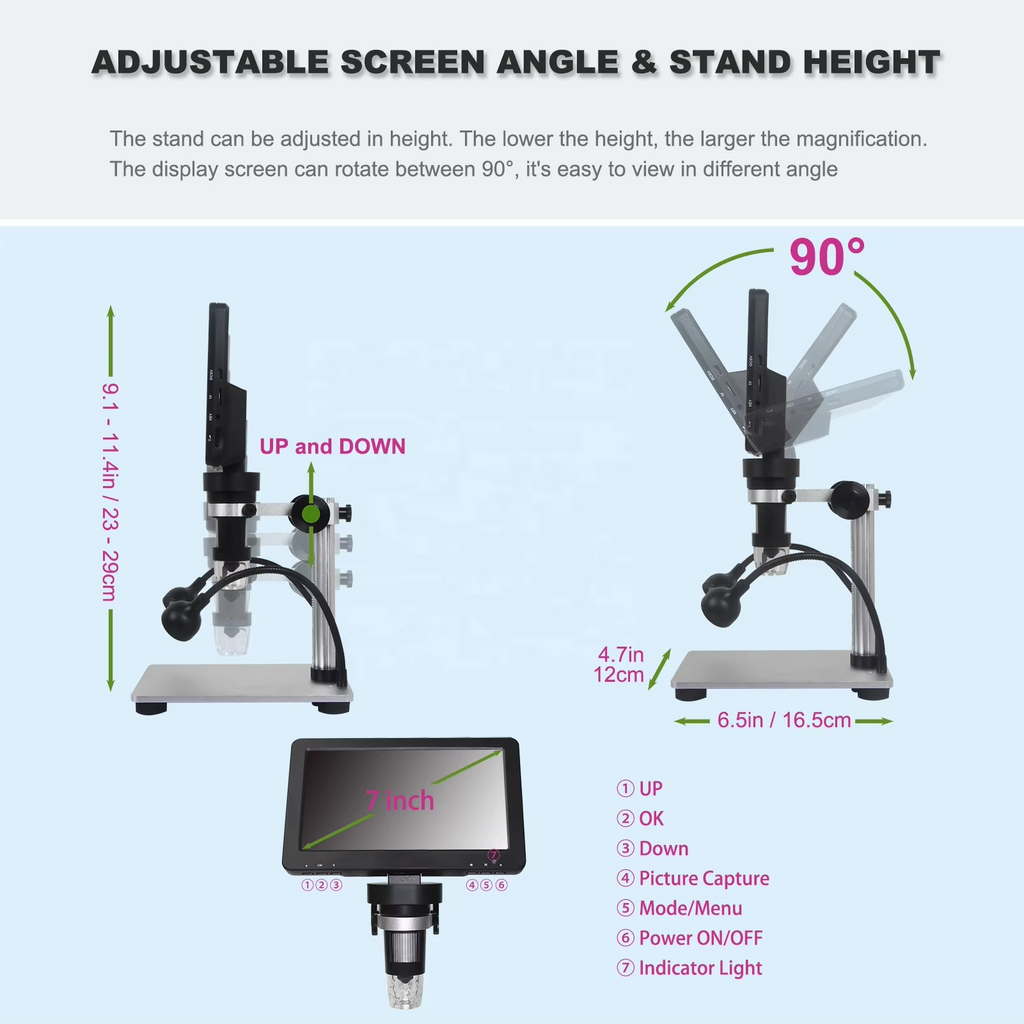 Digital USB Stereo Microscope 1200X with 7" HD Display & LED Light