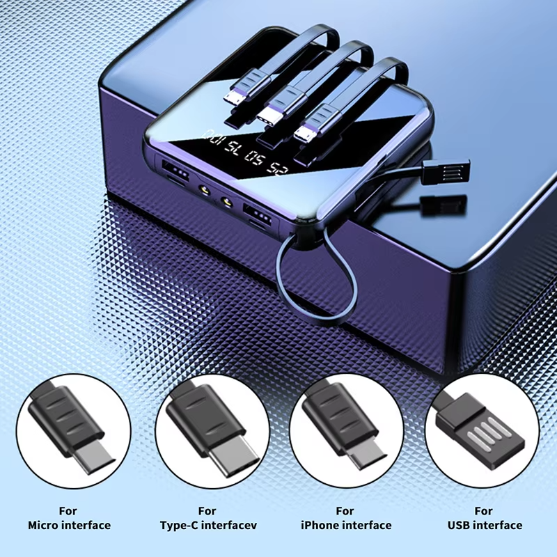 2026 New Mini Power Bank 20000mAh – Type-C & USB Fast Charging integrated cables
