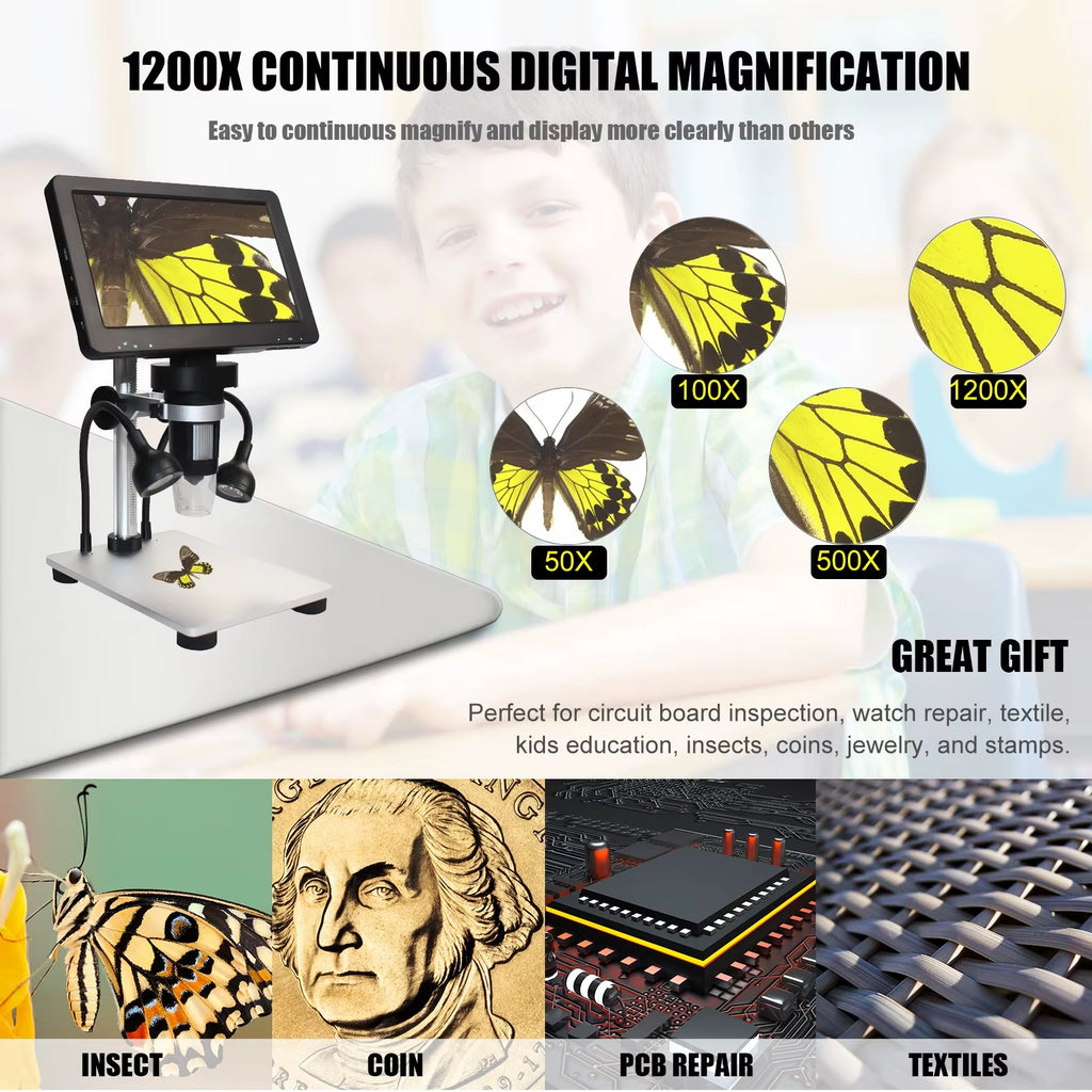 Digital USB Stereo Microscope 1200X with 7" HD Display & LED Light