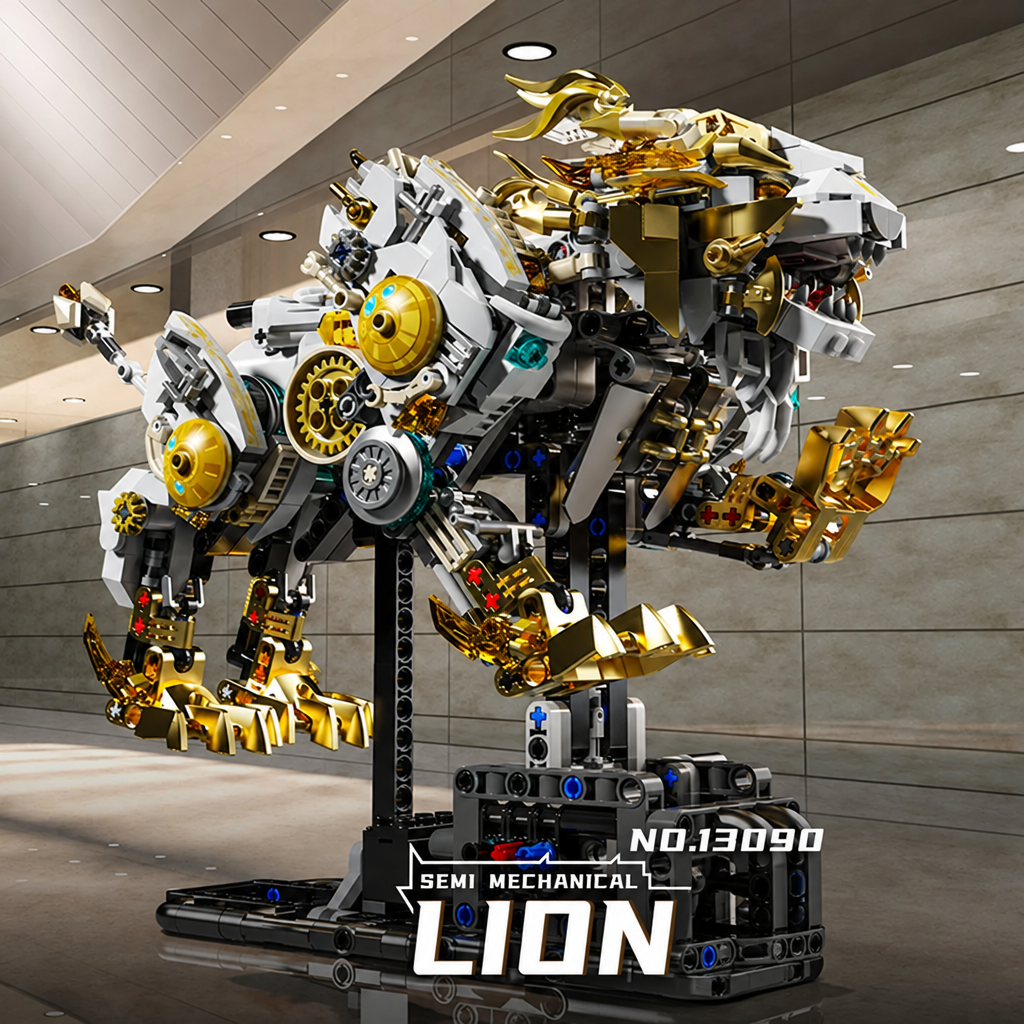 MJI 13090 mechanical lion building block set on display stand
