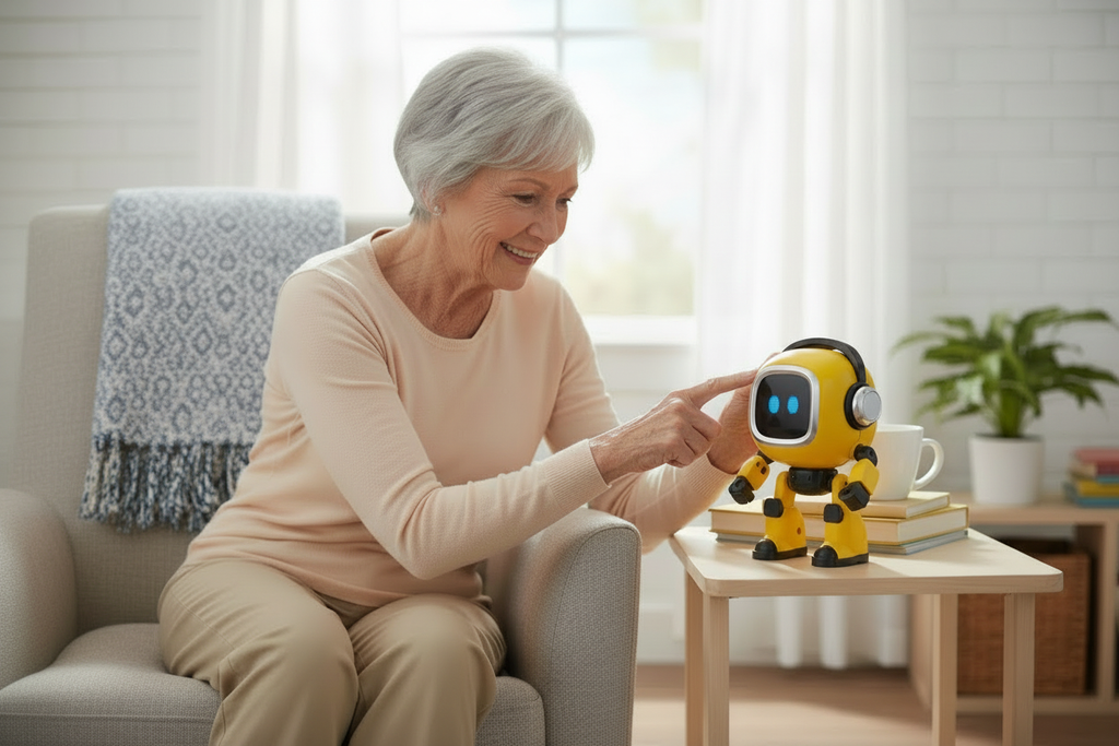 Older adult interacting with the small yellow and black Tech Star AI Robot in a living room