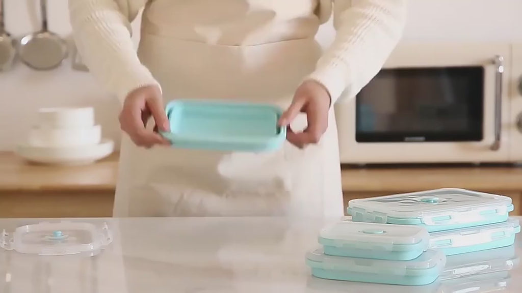 Collapsible Silicone Lunch Box Set of 4 | Microwave Safe Food Containers with Plastic Lids