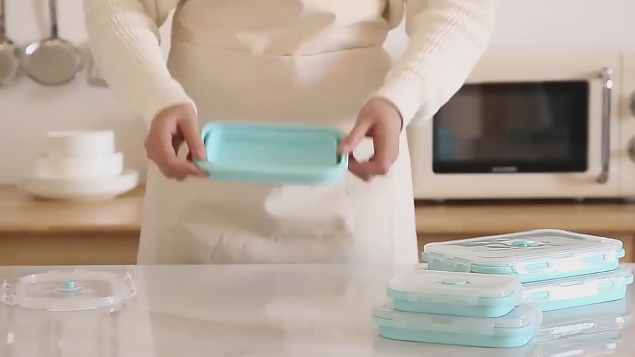 Collapsible Silicone Lunch Box Set of 4 | Microwave Safe Food Containers with Plastic Lids