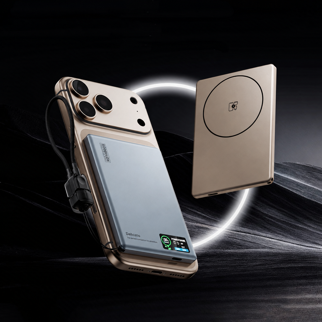Ultra-slim magnetic wireless power bank attached to the back of a phone
