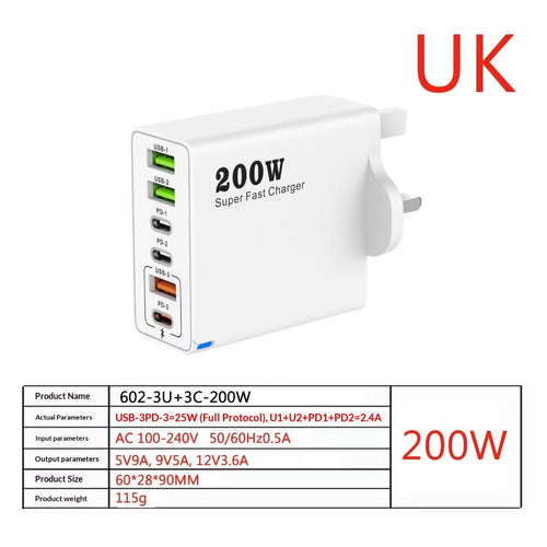 200W GaN Multi-Port Charger 3USB + 3PD | Fast Charging | UK Plug