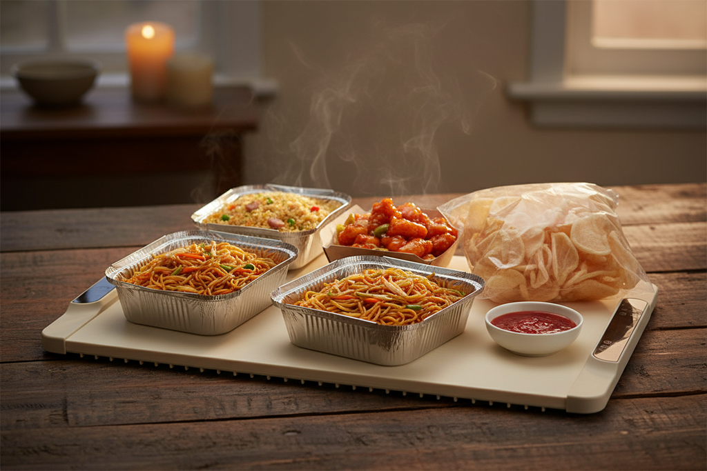Warming mat with Chinese takeaway