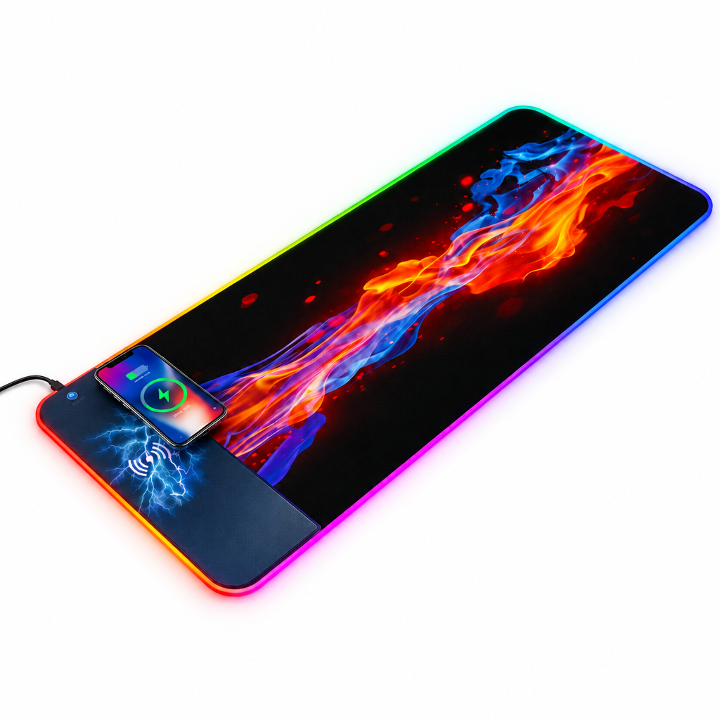White background: flame-pattern mouse pad with charging phone