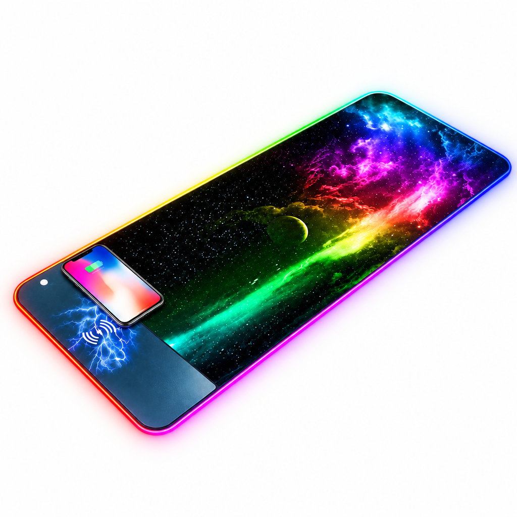 White background: RGB wireless charging mouse pad with charging phone