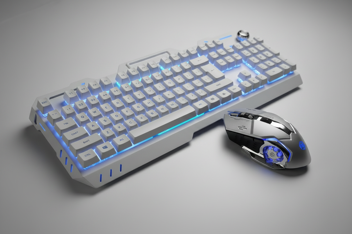 White keyboard and silver mouse - light background matched angle