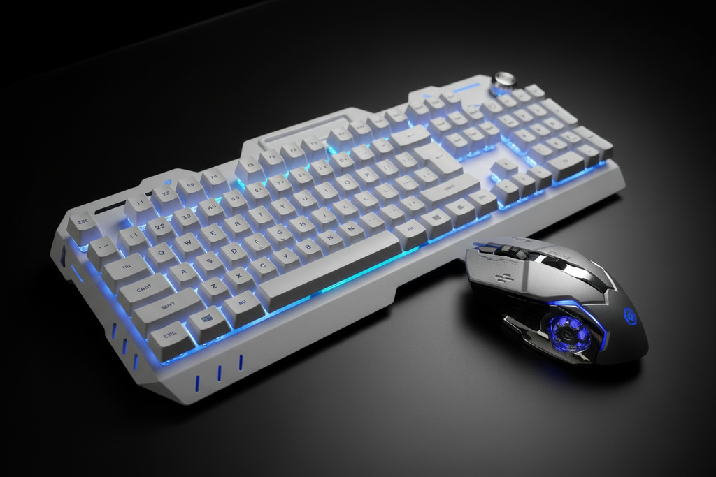 White keyboard and silver mouse - matched angle