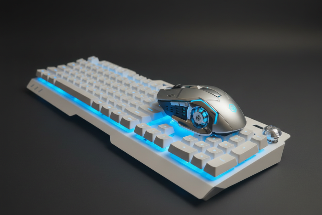 White keyboard and silver mouse - side angle revised